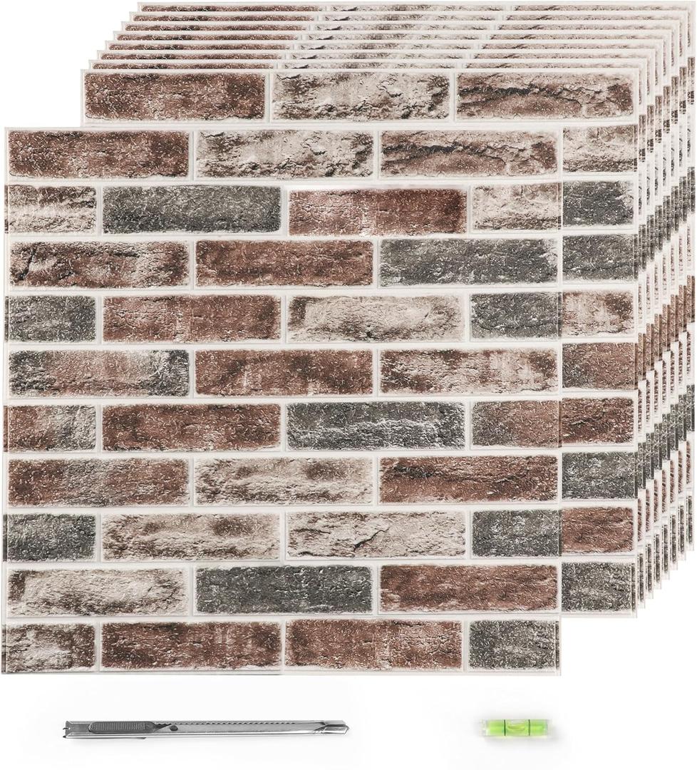 Faux Brick Tile 3D Strip Wall Paneling, 100 Sq.Ft Self-Adhesive Artificial Stone Backsplash Waterproof Foam Panels for Bedrooms, Bathrooms, Kitchens, 20 PCS, Light Curry (Grey&Brown)
