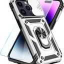 SunStory Compatible with iPhone 14 Pro Max Case with HD Screen Protector & Slide Camera Cover & Rotated Ring Kickstand, [Military-Grade] Phone Case for iPhone 14 Pro Max (Silver)