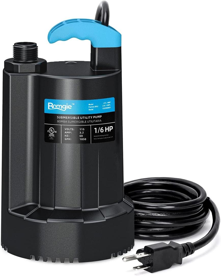 Submersible Water Pump 1/6 HP, 1850GPH Thermoplastic Sump Pump Basement Portable Electric Utility Water Pump Removal for Pool Draining Hot Tubs Garden Pool Cover Pond