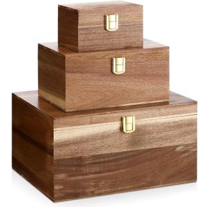 Novabright 3 Pack Wooden Keepsake Box, 3 Size Handmade Decorative Treasure Chest Box, Gift Ideas for Men & Women Jewelry Rings Storage(Brown,Acacia,Simple)