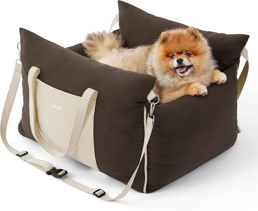 Lesure Small Dog Car Seat for Small Dogs - Soft Dog Booster Seat for Car with Storage Pocket and Clip-On Safety Leash and Thickened Memory Foam Filling, Pet Travel Carrier Bed Brown