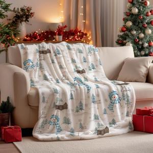 Horaldaily Christmas Flannel Blanket Throw, Blue Snowman Pine Snow Soft Fuzzy Plush Cozy Fleece Blankets for Couch Sofa Bed Lounging, Ideal Gifts for Kids Adults Wife Self, 50x60 (White)