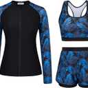JASAMBAC Women's 3 Piece Rash Guard Long Sleeve Swimsuits with Boyshorts Zip Up UPF 50+ Swim Shirt Built in Bra (Black-blue Palm Leaves- S)
