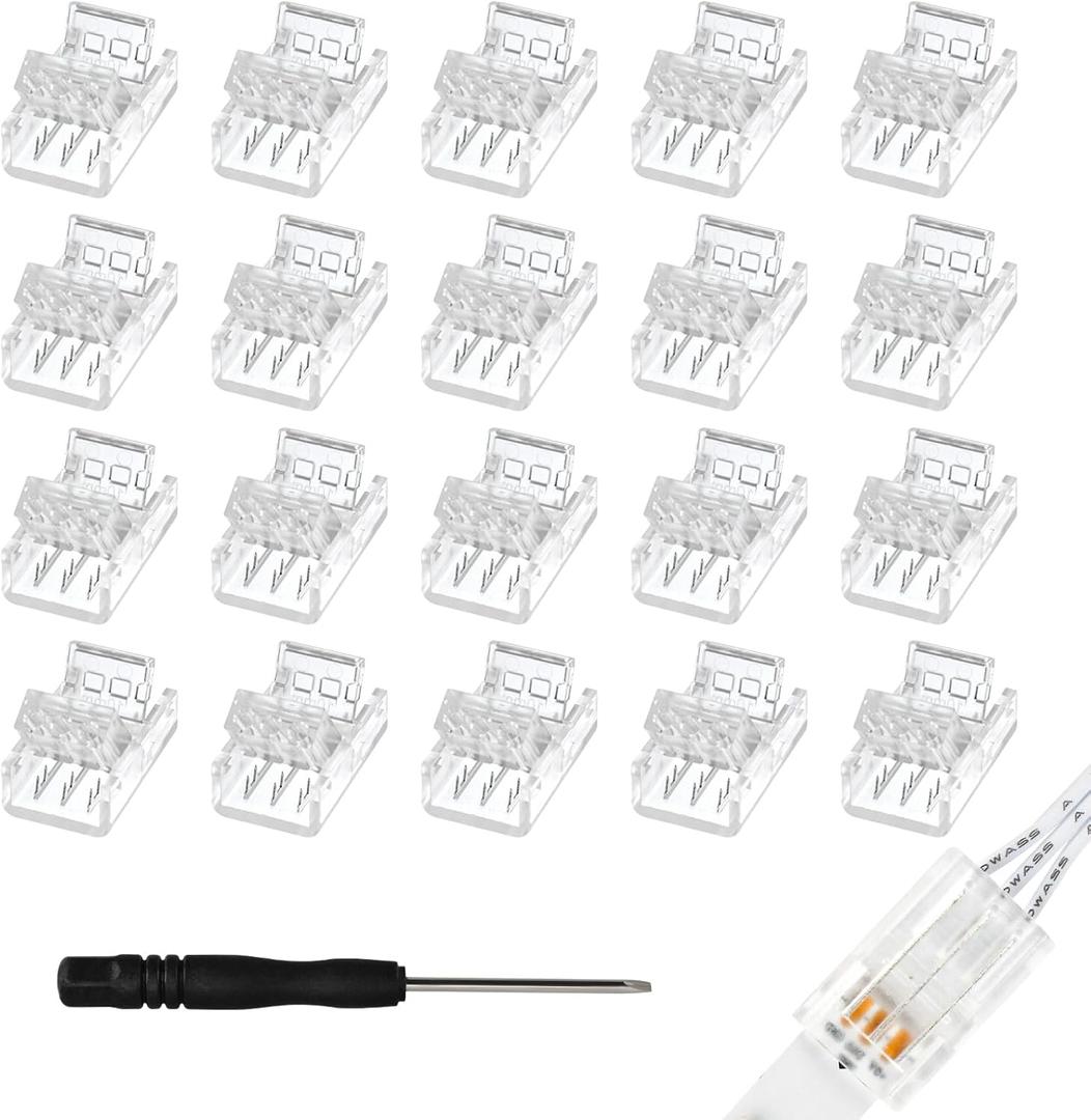 20Pcs 3 Pin 10mm LED Strip Connectors Gapless Solderless Strip to Wire Connector for 10mm IP20/IP65 SMD 5050 Dream Color LED Strip Light WS2811 WS2812B