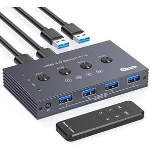 USB 3.0 Switch Selector 4 Computers Share 4 Port USB A Devices for Mouse Keyboard Printer Scanne with Wireless Remote Control and Cable Included