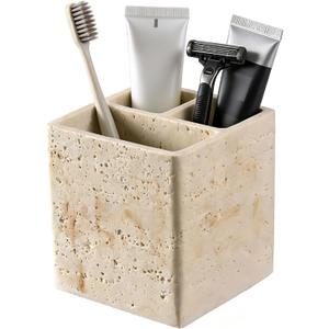 Natural Travertine Textures Toothbrush Holders for Bathroom, Electric Toothbrush and Toothpaste Holder 3 Slots Tooth Brush Organizer for Bathroom Countertop, Shower, Vanity