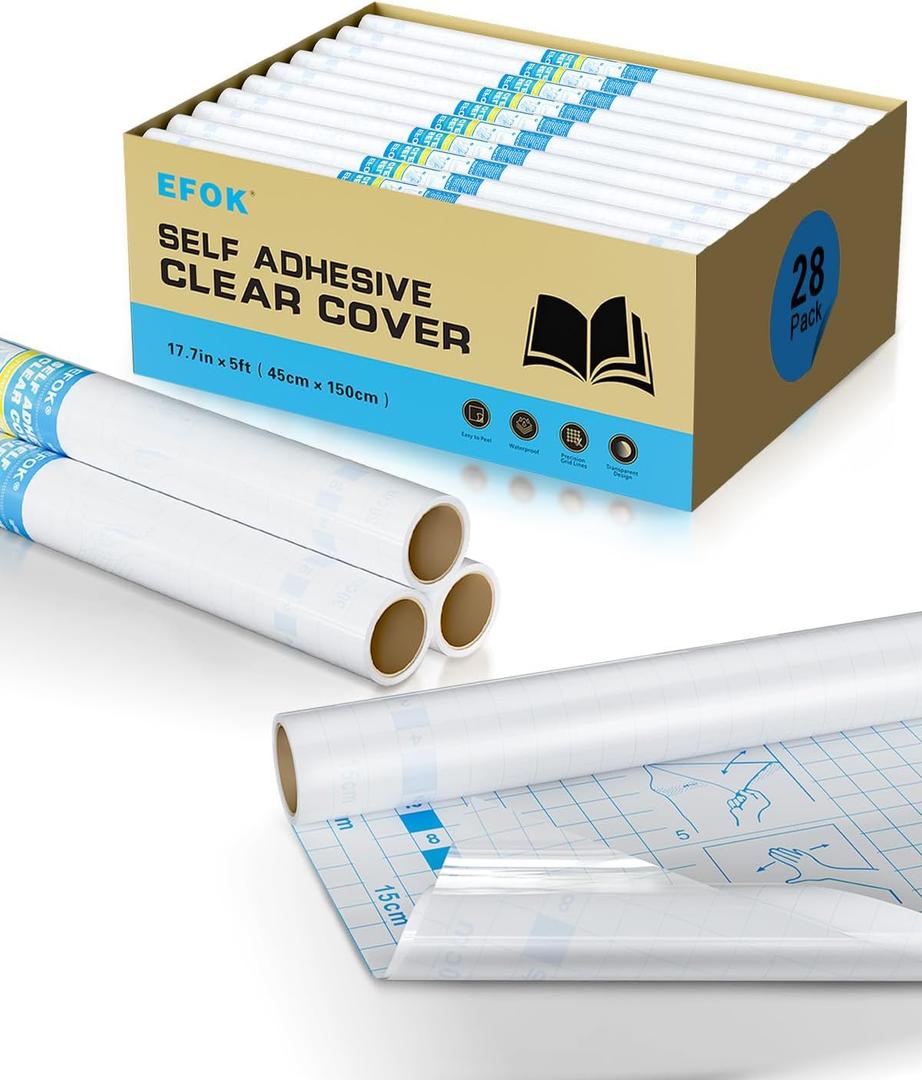 28 Pack Clear Contact Paper Book Cover - 17.7in5ft Total 140ft, Self-Adhesive Protector for Crafts, Clear Contact Paper Roll Peel and Stick for Books