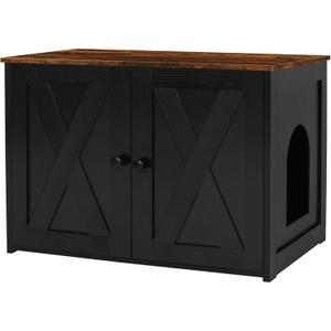 Dwanton Litter Box Enclosure, Cat Litter Box Furniture Hidden, Reversible Entrance Can Be on Left or Right Side, Wooden Cat Washroom Indoor, Black and Rustic Brown, 27.6 Inches