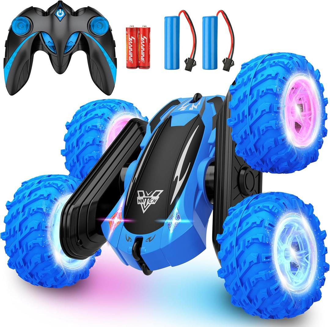 KKONES Remote Control Car, 2.4GHz Double Sided 360 Flips Rotating Electric Race RC Stunt Car, LED Wheel & Headlight High Speed Off Road Cars Toy Gift for 3 4 5 6 7 8-12 Year Old Boy Toys (Blue)