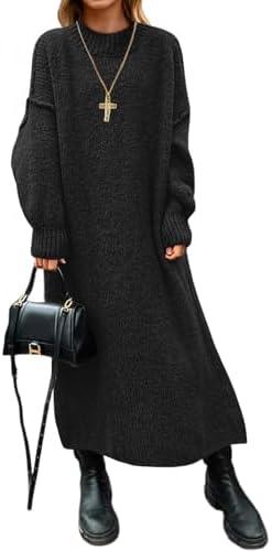 Saodimallsu Womens Oversized Sweater Dress Mock Neck Long Sleeve Casual Warm Chunky Knit Fall Winter Maxi Dresses, Large