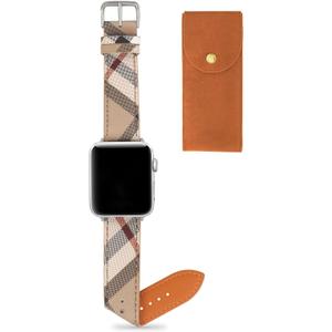 Designer Watch Band for Women Compatible with Apple Watch Bands 45mm 44mm 42mm, Luxury Leather Classic Beige Plaid Watch Band Compatible for iWatch Series 10/9/8/7/6/5/4/3/2/1/SE