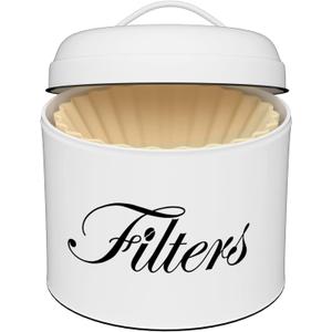 Coffee Filter Holder, White Basket Coffee Filter Storage with Lid, Round CoffeeFilter Container for Counter, Rustic Farmhouse Coffee Bar Accessories Decor (White)