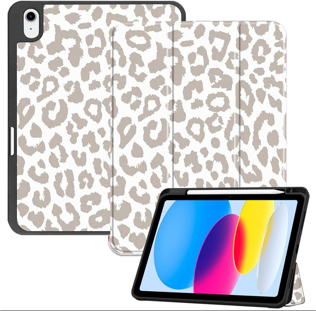 Compatible with iPad (A16) 11th Generation 11 Inch 2025,iPad 10th Generation Case 2022,10.9 Inch Case Pencil Holder Soft Back Auto Sleep/Wake Cover Girls Women-White Leopard Cheetah Pattern (M14-Light Gray)