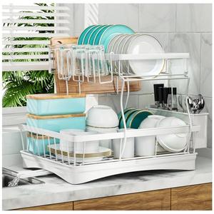 7 code Large Dish Drying Rack, 2-Tier Dish Racks for Kitchen Counter, Detachable Large Capacity Dish Drainer Organizer with Utensil Holder, Dish Drying Rack with Drain Board, White