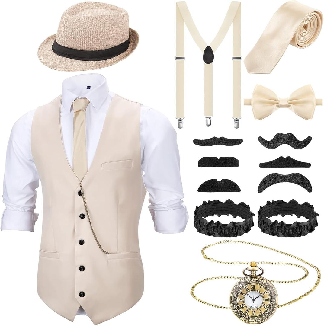 SATINIOR 1920s Mens Costume Roaring Outfit with Gangster Vest Hat Pocket Watch Suspenders for Race Meeting 2026 (Large, Beige)