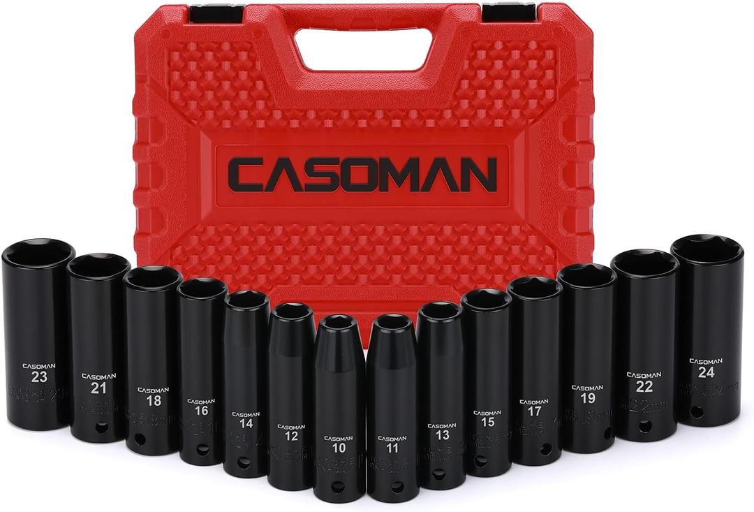 CASOMAN 1/2-Inch Drive Deep Impact Socket Set, Metric, Cr-V, 6-Point, 10 mm - 24 mm, 14-Sockets Set