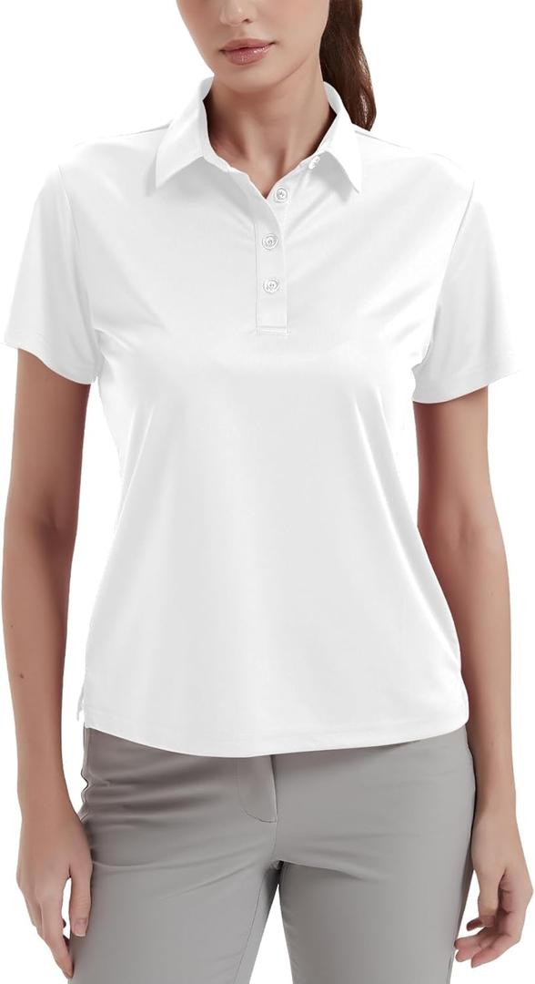 Women's Polo Shirts UPF 50+ Casual Work Quick Dry 4 Buttons Short Sleeve Collared Golf Shirt (Medium, White)