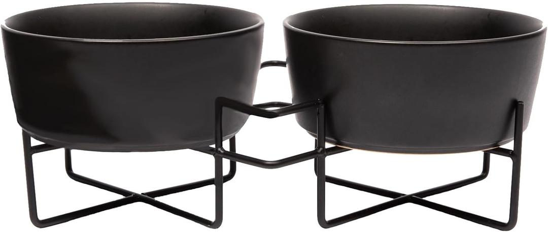 Waggo Simple Solid Double Dog Bowl and Dog Bowl Stand - Double Iron Stand with Double Ceramic Feeder or Water Bowl, Small or Large Dog Elevated Pet Feeder (Matte Black, Medium)