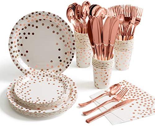 HOMIX 175 Pieces Rose Gold Party Supplies - Rose Gold Dot on White Paper Plates and Napkins Cups Silverware Serves 25 Sets for Wedding Bridal Shower Engagement Birthday Parties