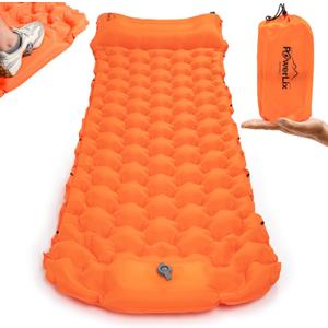 POWERLIX New Upgraded Sleeping Pad for Camping with Built in Pillow and Foot Pump, Carry Bag - Compact Lightweight Camping Mat, Outdoor Backpacking Hiking Travelling Camping Air Mattress Airpad (Single, Orange-mat Bed)