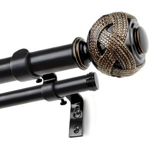 1 Inch Double Curtain Rods 66 to 120 Inches (5.5-10ft), USFOOK Black Drapery Rods for Windows 69 to 111 Inches, Telescoping Dual Curtain Rod with Woven Leaf Finials