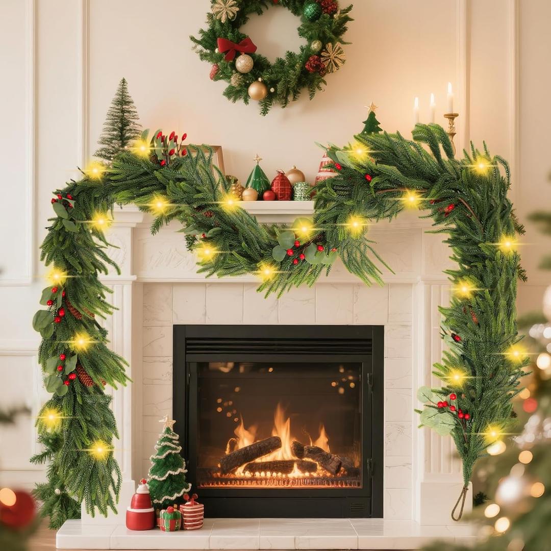 9FT Garland with 7 Modes LED Light, 9 True Pinecones&Red Cones&Eucalyptus Leaves, Norfolk Pine Garlands for Festivals Day, Wall, Indoor, Outdoor Holiday Winter Decorations