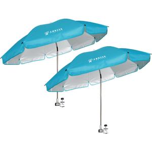 AMMSUN Chair Umbrella with Universal Clamp Adjustable 47 inches and 360 Swivel & UPF 50+ Protection Portable Sun Umbrella, Secure Clip on Camping/Beach Chairs, Stroller, Wheelchair, Golf cart, Lounger, Light Blue, 2 PACK