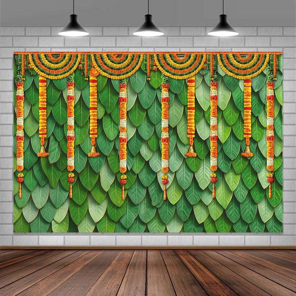 7X5ft Indian Diwali Pooja Photo Backdrop Photography Background for Durga Puja, Traditional Chatiya Navratri Ganpati Ganesh Marigold Backdrops Photo Booth Prop Decorations Wall Decor Tablecloth (Green)