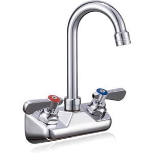Leak-Free Kitchen Faucet Wall Mount 4" Center, Commercial Sink Faucet for Restaurant Triple 3 Compartment Sink, 3-1/2 Gooseneck 2 Hole Industrial Laundry Bar Hand Sink Faucet, Brass