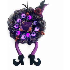 Halloween Wreath With Witch Hat and Legs - Front Door Decor With 30 LED Purple Lights, Light Up Party Decoration (Purple)