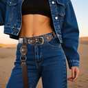 Women's Western Belt - Genuine Leather Adjustable Brown Cowgirl Belt Outfits with Chunky Buckle, Country Style for Jeans & Rodeo Outfits Fits Waist Sizes 28"- 34"