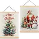 LUVADIAN Merry Christmas Wall Art with Wood Poster Hanger Set of 2, Christmas Tree Wall Decor Santa Claus Snowman Posters Artwork for Walls Decorations, 12x16 Inches