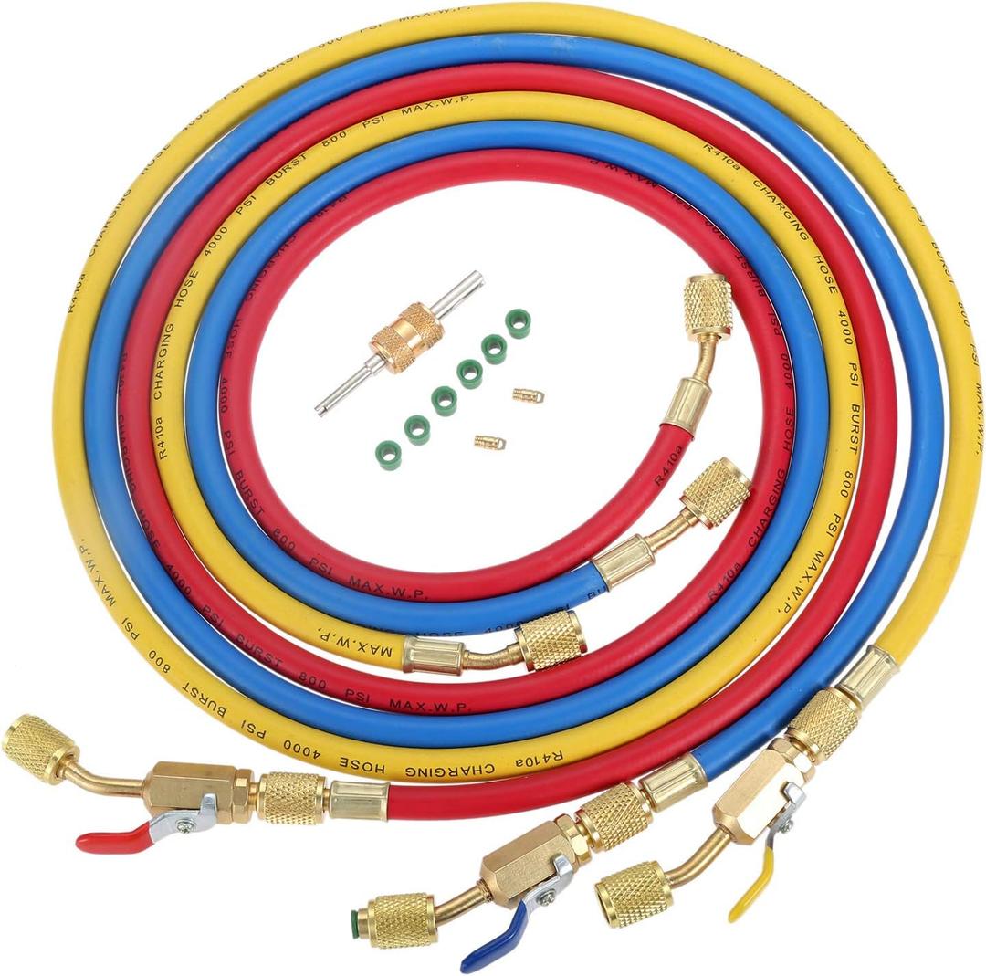 Aupoko AC Refrigerant Charging Hose with Ball Valve, 3-Color 60" R410A HVAC Hoses Kit with 1/4 SAE Thread, with Valve Core Remover Kit for R410A R134A R12 R22 R502 R404 Air Condition Maintenance