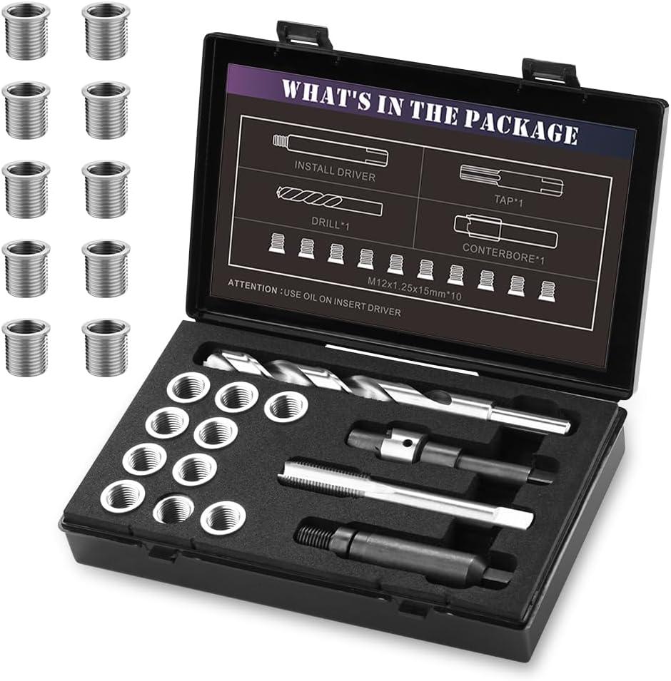 M12x1.25 Thread Repair Kit with Insert HSS Drill, Tap, Counterbore, Installation Driver, Metric, 10PCS Stainless Steel Insert M12X1.25X15MM