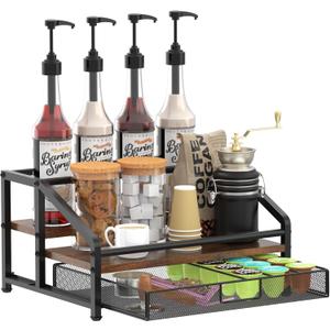 Alyoen Coffee Syrup Organizer Rack, 3-Tier Coffee Station Organizer for Countertop, Coffee Bar Organizer with 35K Cup Storage Basket, Coffee Syrup Holder Stand for Coffee Bar Accessory, Syrup - Wine (Retro Color)
