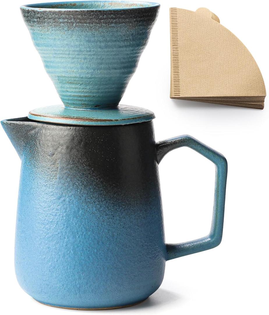 Pour Over Coffee Maker, Blue Ceramic Coffee Dripper 20oz/620ml, with 50 pcs V60 Paper Filter, Drip Coffee Brewer for Home & Caf Enthusiasts, Vintage-Style (1)