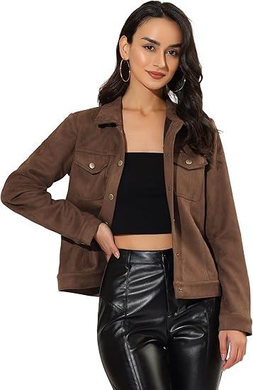 Allegra K Women's Turn-Down Collar Flap Pockets Snap Button Faux Suede Jacket (Large, Brown)