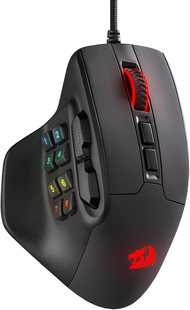 Redragon M811 Aatrox MMO Gaming Mouse, 15 Programmable Buttons Wired RGB Mouse w/Ergonomic Natural Grip Build, 10 Side Macro Keys, Software Supports DIY Keybinds & Backlit (Black)