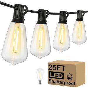 Brightever Outdoor String Lights, 25FT Patio Lights with 13 ST38 LED Edison Bulbs (1 Spare), Waterproof Connectable String Lights for Outside, Dimmable Hanging Light for Backyard Porch Decor, Black, 25FT-Warm White