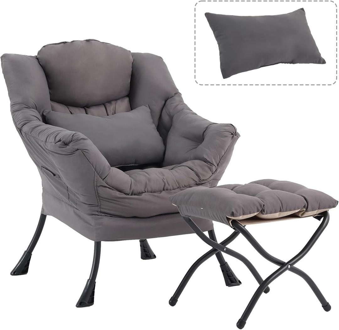 Lazy Chair with Ottoman, Modern Accent Chair with Lumbar Pillow, Dark Grey Sofa, Armchairs with Folding Footrest, Oversized Supportive Chairs for Bedroom, Reading