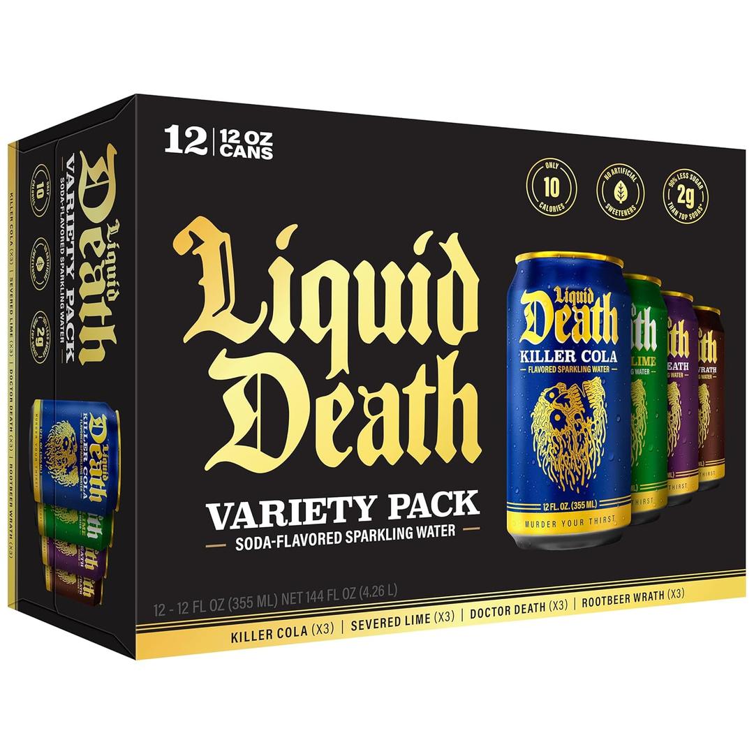Liquid Death, Soda-Flavored Sparkling Water Variety Pack, 12-Pack (12oz Cans), Low Sugar, Huge Flavor & No Artificial Sweeteners, 4 Flavors: Severed Lime, Doctor Death, Killer Cola, and Rootbeer Wrath BBD: 03/26/27