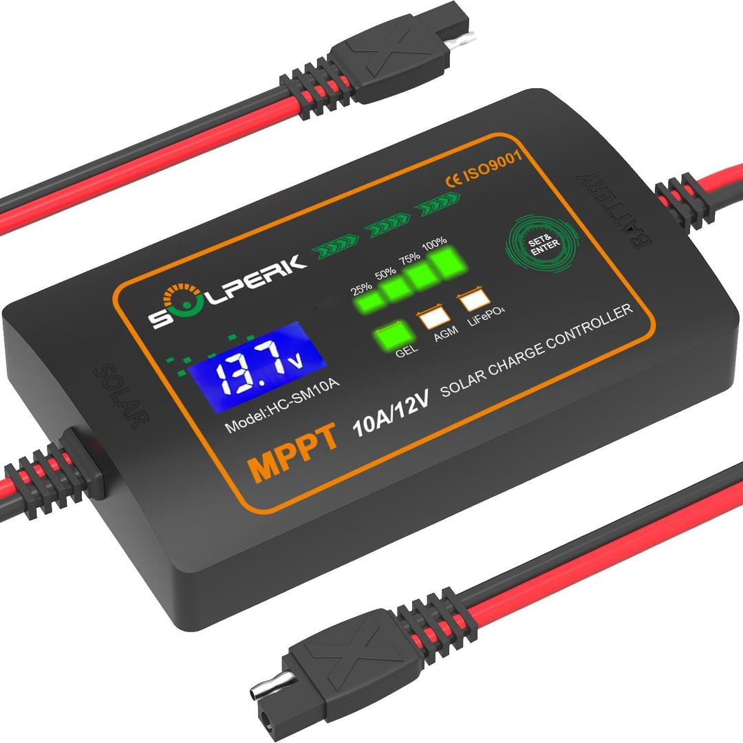 SOLPERK 10A 12V MPPT Solar Charge Controller with LCD Display, Intelligent Solar Panel Controller Portable Solar Panel Regulator for Gel AGM Lead-Acid Lithium LiFePO4 Battery