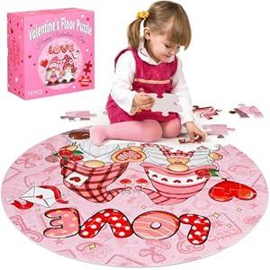 Gilprop Valentine's Day Scene Floor Puzzle 70 Pcs Large Gnome Pink Heart Jigsaw Puzzles Educational Puzzles