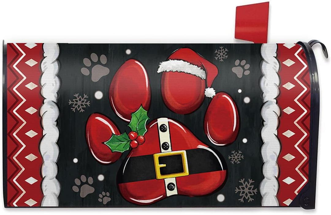 Christmas Dog Cat Paw Prints Mailbox Cover Magnetic Standard Size 21" x 19", Xmas Decorative Post Letter Box Wrap Decor, Funny Winter Holiday Garden Yard Outdoor Decoration Pet Lover Gift