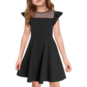 Haloumoning Girls Dress Summer Ruffle Sleeve Mesh A Line Casual Party Dresses with Pockets for Kids, Size: 9-10 Years