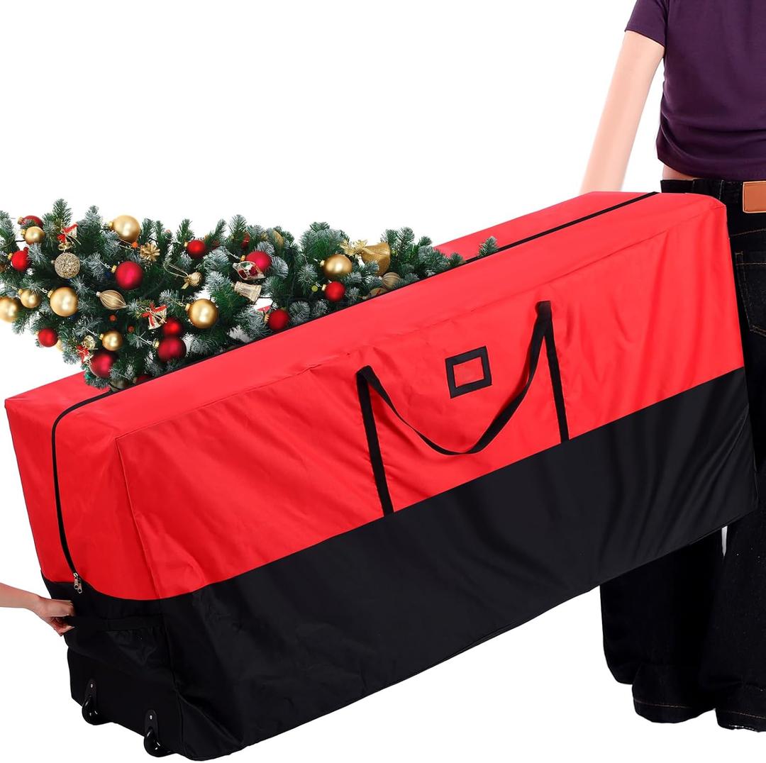 Frienda Rolling Christmas Tree Storage Bag, Fits Up to 9 ft. Tall Xmas Tree,67.7" x 30" x 19.7", Christmas Bag with Wheels Extra Large Heavy Duty Storage Container(Red,Black)