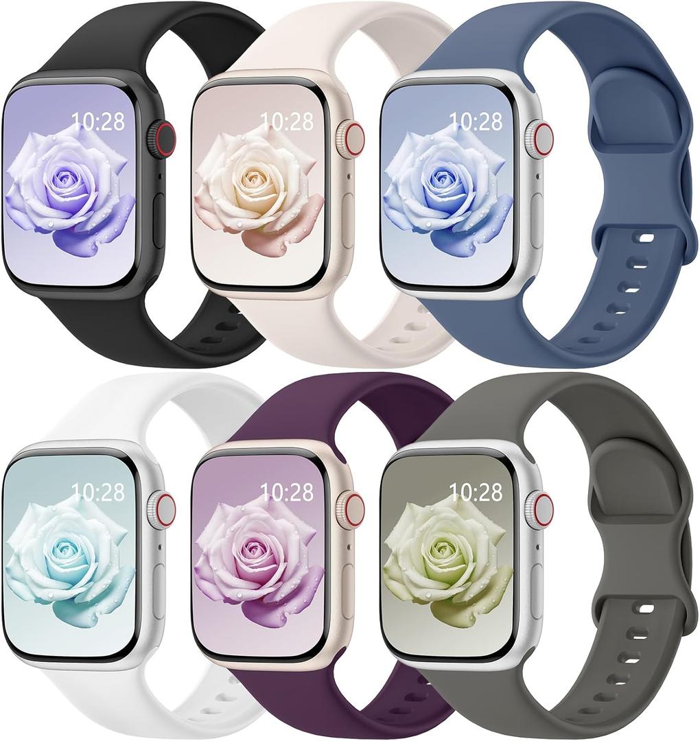 6 Pack Sport Bands Compatible with Apple Watch Bands 44mm/45mm/46mm/49mm/(42mm-series 3 2 1) for Women Men, Soft Wristband Silicone Sport Strap for iWatch Bands Series 11 10 9 8 7 6 5 4 3 2 1 Ultra SE