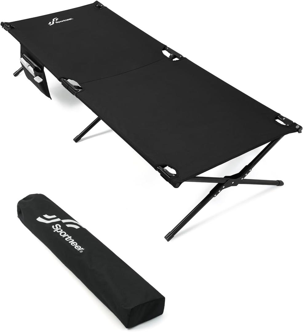 Sportneer Camping Cot: 78.3"x28.7"x14.6" Comfort Cot Bed for Camping Traveling Guest Bed, Sleeping Cots for Adults with Side Pockets & Storage Bag - Ease of Assembly, Support 330 Lbs (Black)