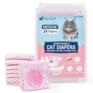 Pet Soft Disposable Cat Diapers - Diapers for Female & Male Cats, Puppy Doggie Diapers for Female Dogs with Adjustable Foam Tail Hole, 24pcs Medium