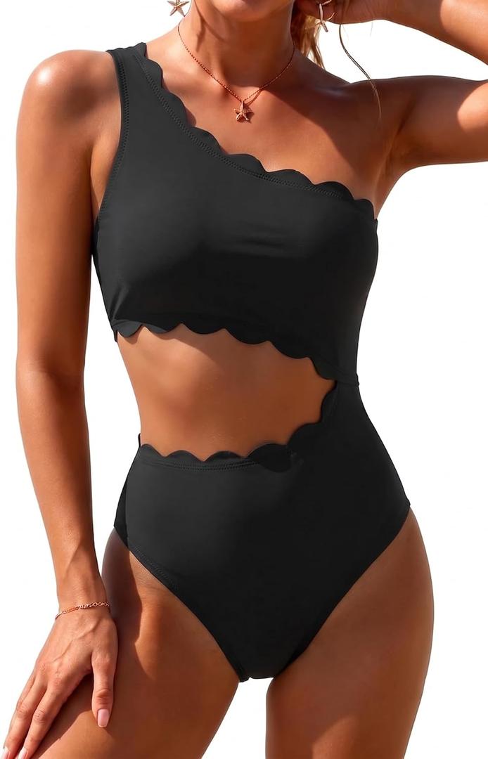 Women's One Piece Swimsuit- One Shoulder Bathing Suit Cutout Tummy Control Swimwear (Black, XXL)